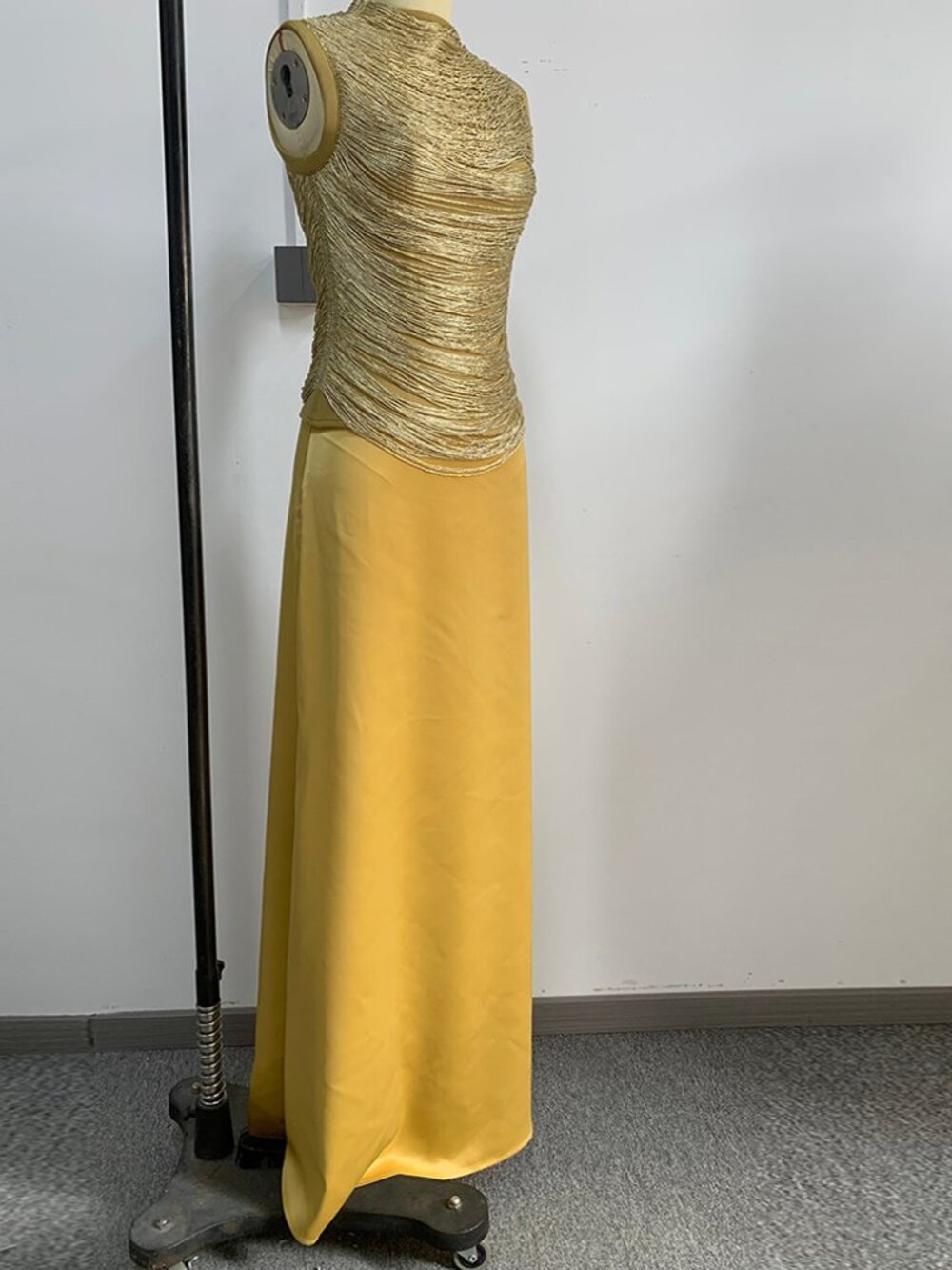 Gold Metallic Fringe Top & Satin Maxi Skirt 2-Piece Evening Set - Picture 3 of 5